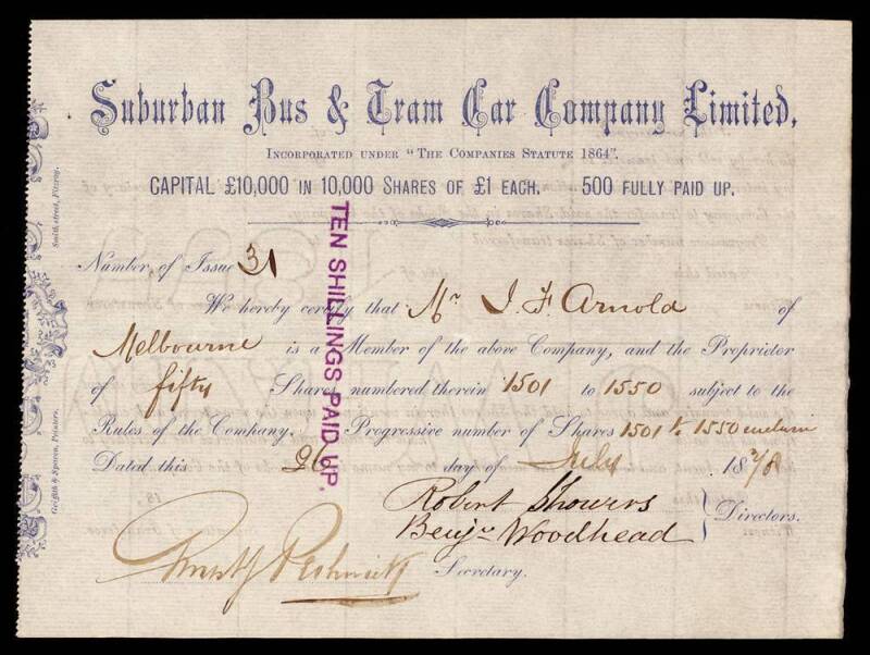 "Suburban Bus & Tram Car Company Limited", 3 share certificates to J.F.Arnold of Melbourne, dated July 1878.