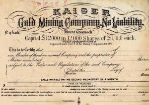 1880s share certificates ex Ballarat printer F.W.Niven, noted Kaiser Gold Mining Company, Butler's Extended Freehold Gold Mining Company, Prince of Wales Birthday Quartz Mining Company, The New Koh-i-Noor Gold Mining Company. Poor/G condition.