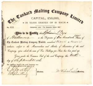 "The Tankard Malting Company Limited", 3 share certificates to Ephrain L.Zox of Melbourne, dated 1886; plus "Montgomerie's Brewery Company Limited, West Melbourne", share certificate to James Warne of Melbourne dated 1888.