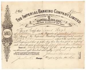 1880s share certificates, noted The Imperial Banking Company, The Mercantile Bank of Australia, R.Goldsborough & Company, Permewan Wright and Company, Melbourne National Property Land & Investment Co, The Australian Financial Agency and Guarantee Company.