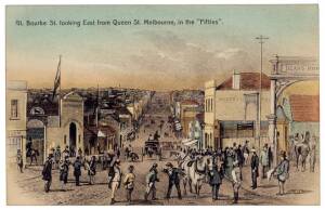 Album of Australian postcards including cards by J.A. Turner, "Melbourne in the fifties" by S.T. Gill etc.. 78 cards.