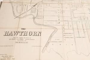 "Hawthorn - Prahran" circa 1887. Two canvas backed maps scale 400 feet to an inch, stone engraved by Clarence Woodhouse [printed by John Batton 79 Queen St], housed in original black cloth covered boards with gilt lettering.  