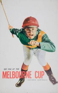 c1960s Melbourne Cup poster, "See You At The MELBOURNE CUP, Victoria Australia", showing jockey, published by the Tourist Development Authority of Victoria, printed by A.C.Brooks Government Printer Melbourne, size 63x101cm.