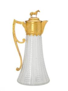 1881 STEEPLECHASE TROPHY: Gold mounted Claret Jug, unmarked (tests as 15ct), the collar engraved with hounds and arabesques between two beaded bands, cartouche engraved "The Melbourne Hunt Club Steeple Chase, October 1st 1881 - Won by Young Deceiver, the 