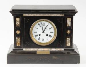 MANTLE CLOCK/CRICKET TROPHY: Antique slate-encased mantle clock, with plaque on front engraved "Boyle & Scott's Cup Competition, Season 1891-92, The 'Lover' Trophy won by the Brunswick C.C., August 1892".