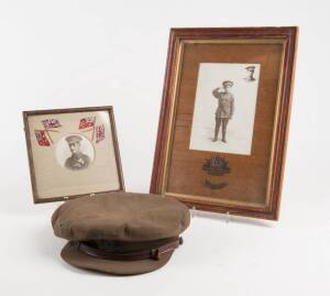 Australian WW1 period group comprising 2 framed photo portraits, officer's cap & walking stick with gold collar. (4 items)