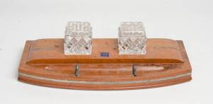 HMAS SYDNEY DESK SET, made from the wood of the famous battle cruiser launched in 1912, defeated the German cruiser SMS Emden in 1914, and decommissioned in 1928, size 39x18cm.