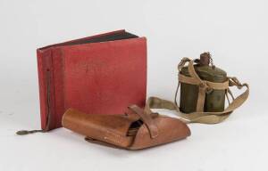 WW2 period canteen, flare gun holster & album of anti-fascist propaganda news clippings. (3 items)