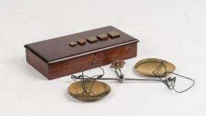 Pocket gold scales in timber case with weights, mid 19th Century. 