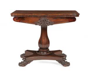 An important Australian fold over card table, twice stamped with Government House stamp. Rosewood veneer on cedar circa 1850. 73cm high, 91cm wide, 45cm deep