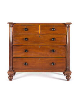 Australian cedar 5 drawer chest with half turned columns & ebonized handles. c1860s. 120 x 52 x 109cm