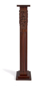 Australian arts & crafts pedestal, blackwood with 4 carved sides depicting gumnuts, wattle, & cones. Early 20th century.