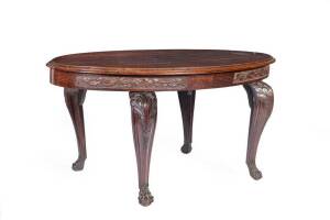 Australian Arts & Crafts centre table, carved with gum leaves & gumnuts, redgum & eucalypt, circa 190080cm high, 165cm long, 110cm wide