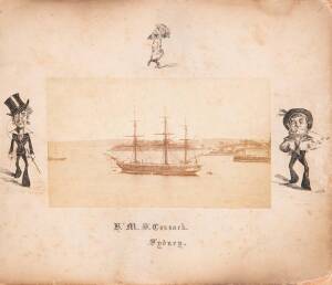 H.M.S. COSSACK: Album of 19th Century silver gelatin photographs tracing the voyage of the Cossack from Sydney to Melbourne, Hobart, Fiji & on to England. Many photos captioned & pages adorned with superb cartoon caricatures & dated 1873.