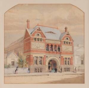 Architect's rendering of the "Victorian Artist's Society" building which still stands at 430 Albert St East Melbourne. 42 x 42 cm.