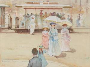 GERARD LANTS (1927 - 1998) watercolour titled "Edwardian ladies alighting from the St Kilda tram" signed lower left. 71 x 52 cm. 