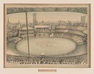 HAROLD FREEDMAN, Melbourne Cricket Ground 1963, lithograph, signed and dated lower right, printed by Troedel & Cooper, 25 x 37 cm