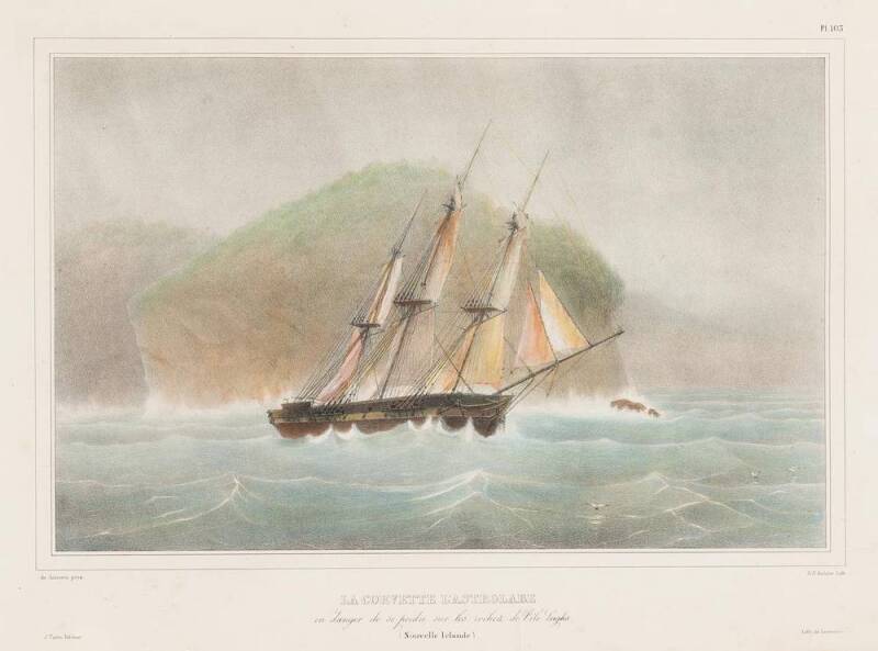 Louis Auguste de Sainson (1801-1887) official artist on Dumont d'Urville's Voyage of the Astrolabe in 1827. Coloured lithograph "La Corvette L' Astrolabe en danger de se perdre sur les rocher de l'ile Leighs (Nouvelle Irlande)", framed, overall 45x55cm.