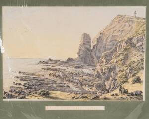 EUGENE VON GUERARD (1811-1901): Coloured lithograph "Castle Rock, Cape Schank" (top corner repaired), window mounted, overall 62x49cm.