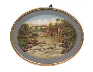 Tasmanian school (19th Century), pair of oil on card paintings titled "Cataract Gorge" & "Corra Lynn Bridge", one monogrammed "A.B". 12 x 16cm each