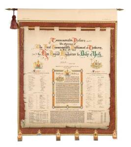 "Provisional Parliament Houses, Canberra" lithograph, with roll-up display "Commemorative Picture, The Opening of the First Commonwealth Parliament at Canberra on May 9th 1927 by His Royal Highness the Duke of York", which includes the Duke's speech & fac