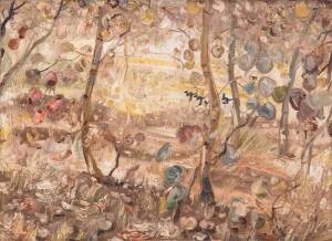 NEIL DOUGLAS (1911-2003): Landscape with kangaroos, oil on board. 34 x 25cm