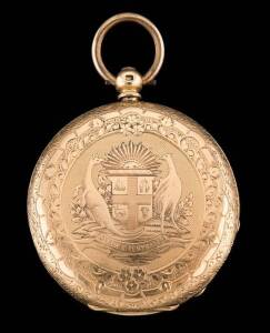 A gold hunter pocket watch, circa 1888. Key wind. The case front engraved with the Australian coat of arms, commemorating the Centenary of Settlement. Movement marked Australian. 18ct yellow gold. Diameter 42mm.