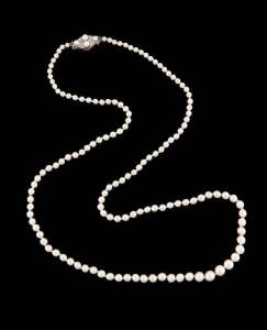 A pearl necklace, graduated and hung with a pearl and diamond clasp by G. H. Palfrey, Melbourne. 15ct yellow gold and platinum, length 72cm.