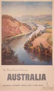 c1935 travel poster, "the River Derwent - TASMANIA, For Your Next Holiday", with artwork by James Northfield, colour process lithograph, printed by McLaren & Co., Melbourne, linen-backed, size 64x100cm.