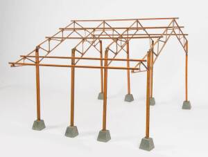 Salemans sample miniature iron shed frame in wooden travel case, early 20th Century.