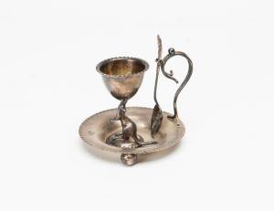 Silver plated egg cup & saucer with Kangaroo central support. 10cm high