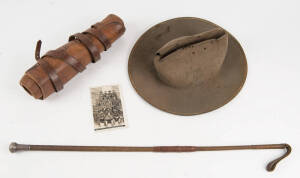 Military group belonging to Colin Henry Campbell (photographed center), WW1 period slouch hat, gators, silver mounted swagger stick, real photo postcard.