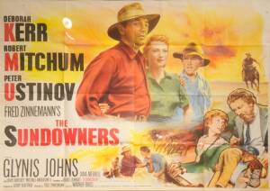 THE SUNDOWNERS (1960), UK movie poster, starring Deborah Kerr & Robert Mitchum in the Australian outback, window mounted, framed & glazed, overall 124x98cm.