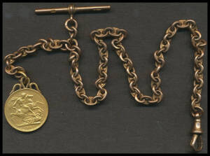 SOVEREIGN: 1887M Sovereign mounted to 9ct gold watch chain (29g).