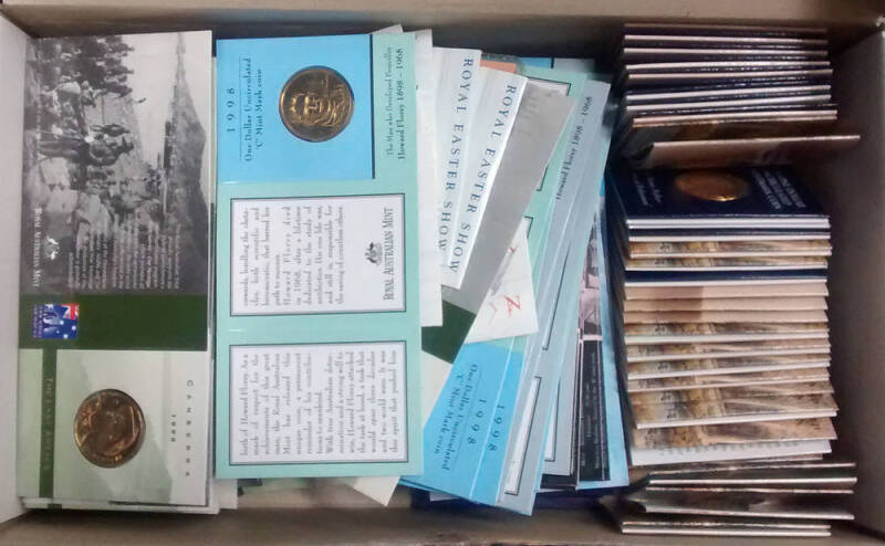 ONE DOLLAR: Group including 1984 (2),1993 Landcare C S & M x5 of each, 1994 Dollar Decade S & M x4 of each, 1995 Waltzing Matilda C S M & B x5 of each, 1996 Parkes C x6, S x5 & A x5, 1997 Kingsford Smith C x5 & S x4, 1998 Florey C S & B x5 of each, and 19