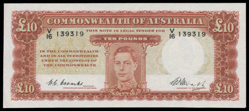 1949 Coombs/Watt 10/- centre fold aUnc; £1 light creases, crisp EF; £5 light staining, strong centre crease F; and £10 Coombs/Watt flattened of creases and folds otherwise gF. (4)