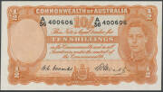 1949 Coombs/Watt 10/- centre fold aUnc; &pound;1 light creases, crisp EF; &pound;5 light staining, strong centre crease F; and &pound;10 Coombs/Watt flattened of creases and folds otherwise gF. (4) - 4