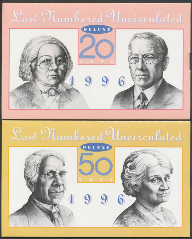 1996 $5, $10, $20 & $50 matching serials AA96 001254 in 'Low Numbered Uncirculated Deluxe' folders, Unc. (4 folders)