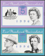1996 $5, $10, $20 & $50 matching serials AA96 001254 in 'Low Numbered Uncirculated Deluxe' folders, Unc. (4 folders) - 2