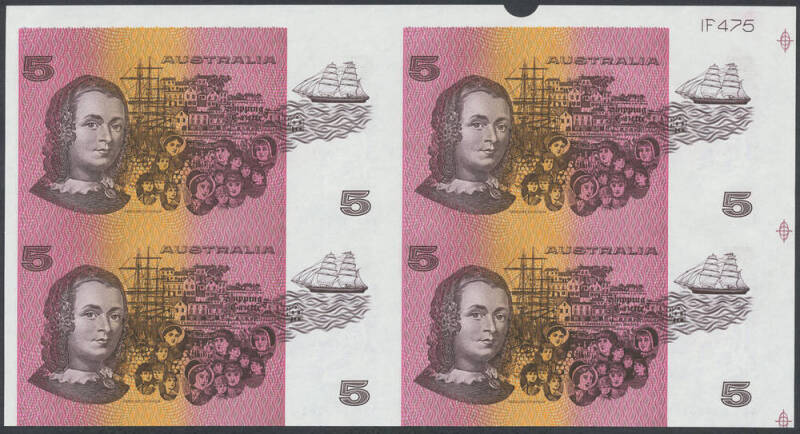 FIVE DOLLARS: 1990 $5 three uncut blocks of four McDonald #$5 U5, Cat $450.