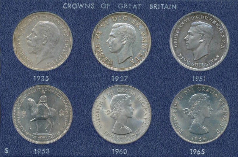 GREAT BRITAIN: Silver group with Crowns Charles II 1673, George III 1820 1821 & 1822, QV 1845 x2, 1887, 1935-65 set of 6 in presentation box, 1951 Festival of Britain x2 (purple cases) & 1972-1981 Commemoratives x4; Half-Crown George IV 1817 & 1825 & QV 1