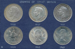 GREAT BRITAIN: Silver group with Crowns Charles II 1673, George III 1820 1821 & 1822, QV 1845 x2, 1887, 1935-65 set of 6 in presentation box, 1951 Festival of Britain x2 (purple cases) & 1972-1981 Commemoratives x4; Half-Crown George IV 1817 & 1825 & QV 1