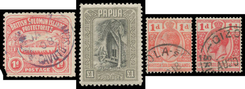 Pacific Islands with Papua 1932 Pictorials plus ½d 1d & 3d shades, the £1 with a couple of short perfs; and Solomons collection with 1908 'GAVUTU' cds on 1d Large Canoe, 1918 'AOLA' cds on KGV 1d red, Jubilee set mint & used, KGVI Pictorials mint & most