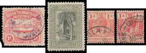 Pacific Islands with Papua 1932 Pictorials plus ½d 1d & 3d shades, the £1 with a couple of short perfs; and Solomons collection with 1908 'GAVUTU' cds on 1d Large Canoe, 1918 'AOLA' cds on KGV 1d red, Jubilee set mint & used, KGVI Pictorials mint & most 