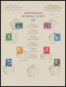 OLYMPIC GAMES: 1928 Universala Esperanto Asocio page (220x283mm) headed 'AMSTERDAM/OLIMPAJ LUDOJ/1928' with Dutch Olympics set tied by Star-in-Hexagon cancels, unfolded. Not previously seen by us.