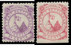 c.1870 (?) Torres Strait Settlement 4c to 36c complete (missing the 2c brown), the 4c is marginal, the 16c & 36c have one straight edge, unused. Very scarce "phantom" issue. The Torres Strait labels offered here are all part of the "Brussels Find": see 