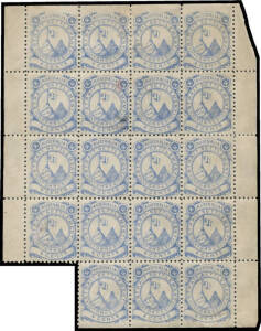 c.1870 (?) Torres Strait Settlement 4c ultramarine complete sheetlet of 20 (4x5; missing the lower-left corner unit) with straight edges at the top & the base, a couple of minor blemishes, unused. [We expect this is the first time that the sheet format o