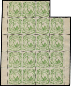 c.1870 (?) Torres Strait Settlement 16c green complete sheetlet of 20 (4x5; missing the upper-left corner unit) with straight edges at the top & the base, the seventh unit with a major repaired tear, unused. [Of the 16c, nine units plus a block of 15 are