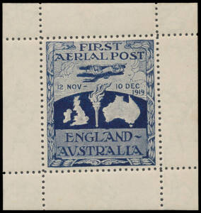AUSTRALIA: 1919 'FIRST/AERIAL POST/ENGLAND-/AUSTRALIA' label in deep blue with full margins, exceptional centring, very lightly mounted in the margins only, the stamp itself with full unmounted o.g., pencilled guarantee "David Field Ltd" in the margin at 