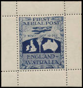 AUSTRALIA: 1919 'FIRST/AERIAL POST/ENGLAND-/AUSTRALIA' label in deep blue with full margins, exceptional centring, very lightly mounted in the margins only, the stamp itself with full unmounted o.g., pencilled guarantee "David Field Ltd" in the margin at